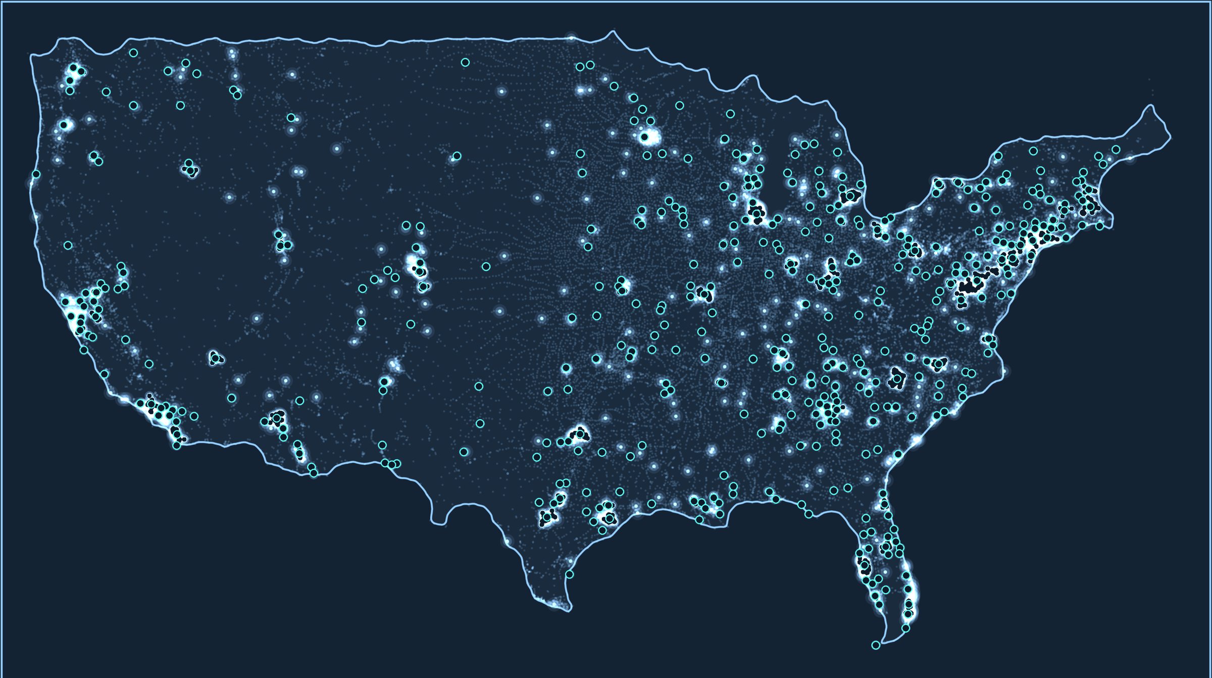 Map of the United States. Slate glow marks every city listed in; green rings mark the cities that sent orders.